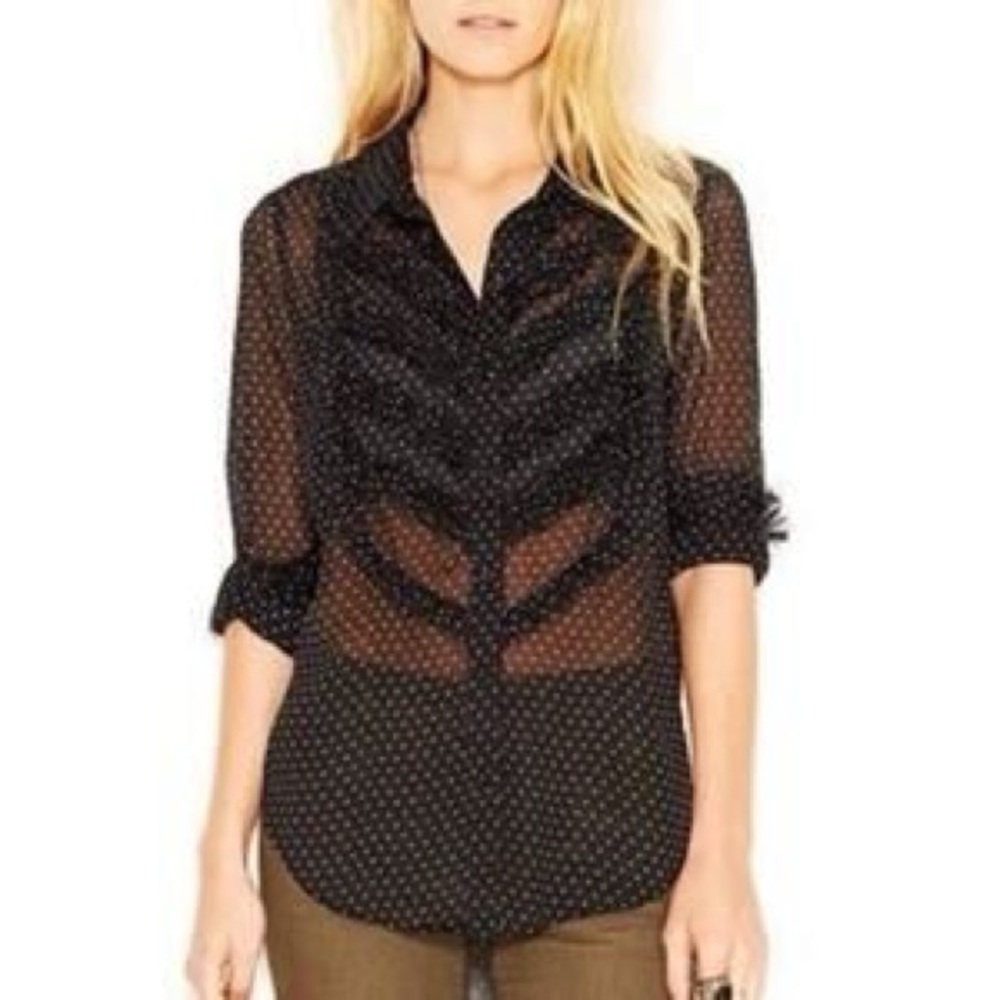 Free People Black And White Polka Dot Dotty Fringe Tuxedo Button Down Top XS